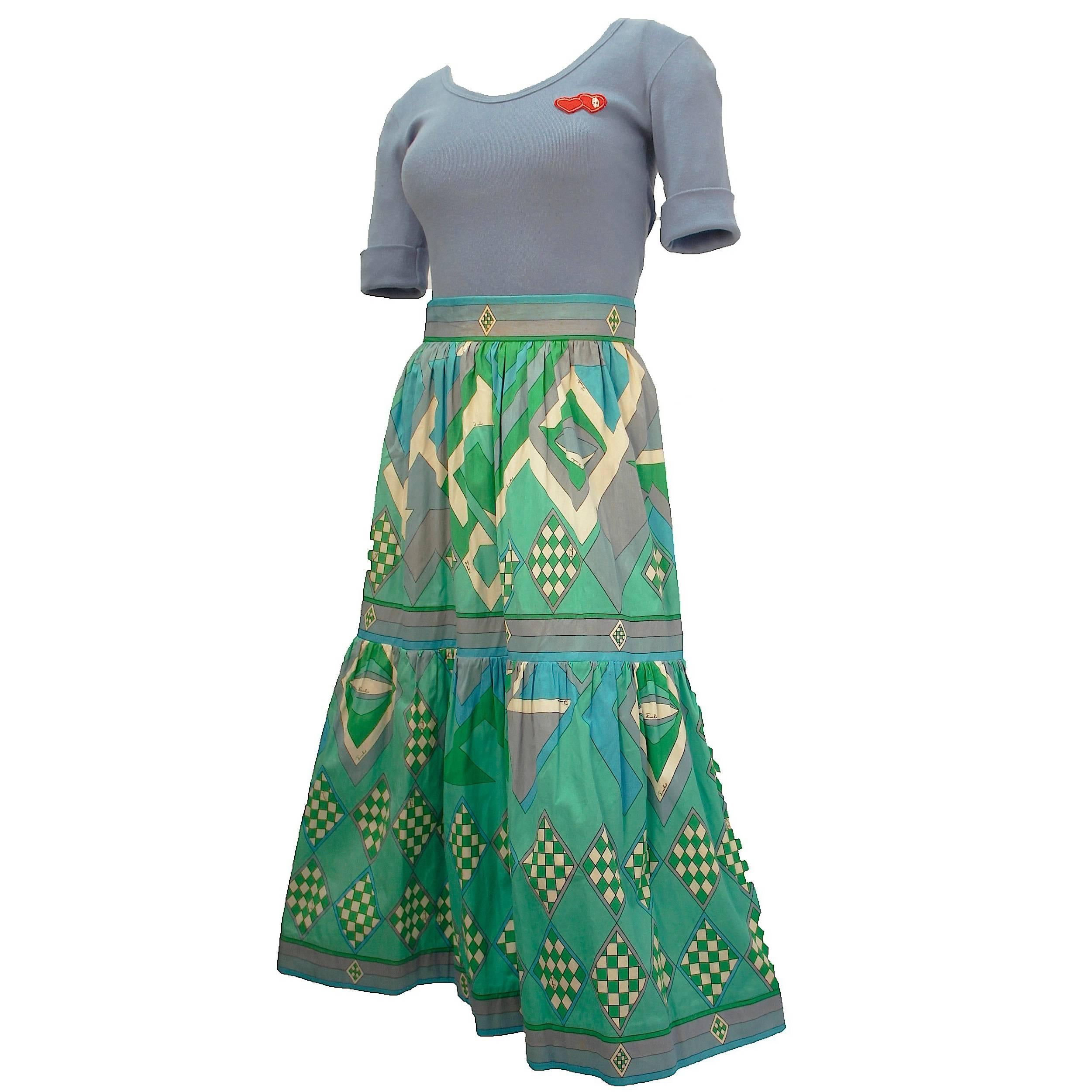 1970s Emilio Pucci Blue and Green Two-Piece Cotton T-shirt and Skirt Ensamble  For Sale