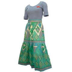 1970s Emilio Pucci Blue and Green Two-Piece Cotton T-shirt and Skirt Ensamble