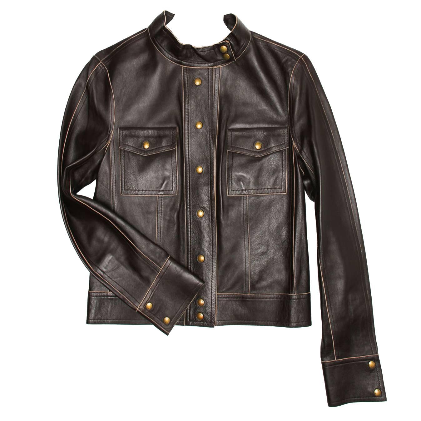 Louis Vuitton Brown Leather Short Jacket For Sale