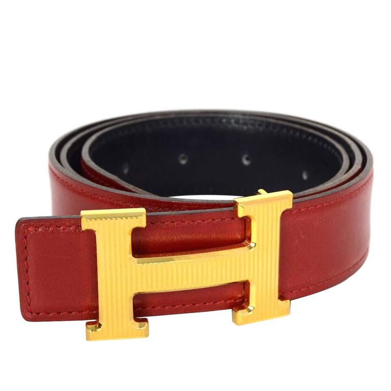 Hermes Red and Navy 32mm Goldtone Ribbed H Belt Kit sz 80 For Sale at
