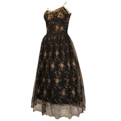 Retro 1950s Emma Domb Black Lace with Gold Lamé Floral Design Cocktail dress 