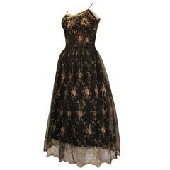 1950s Emma Domb Black Lace with Gold Lamé Floral Design Cocktail dress 10