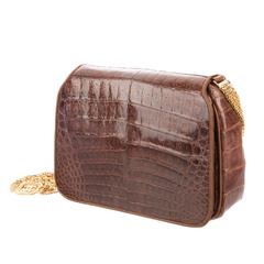 Chanel Rare Vintage Cognac Brown Crocodile Gold Chain CC Charm Shoulder Flap Bag