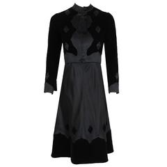 Vintage 1969 Valentino Couture Black Satin & Velvet Tassels Applique Mod Dress Ensemble