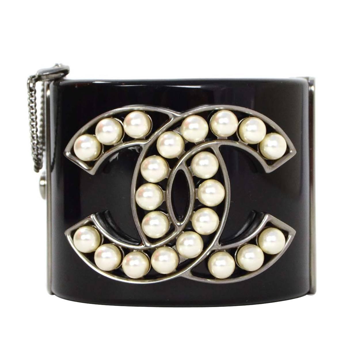 Chanel Pearl & Black Resin CC Cuff Bracelet RHW