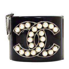 Chanel Pearl & Black Resin CC Cuff Bracelet RHW