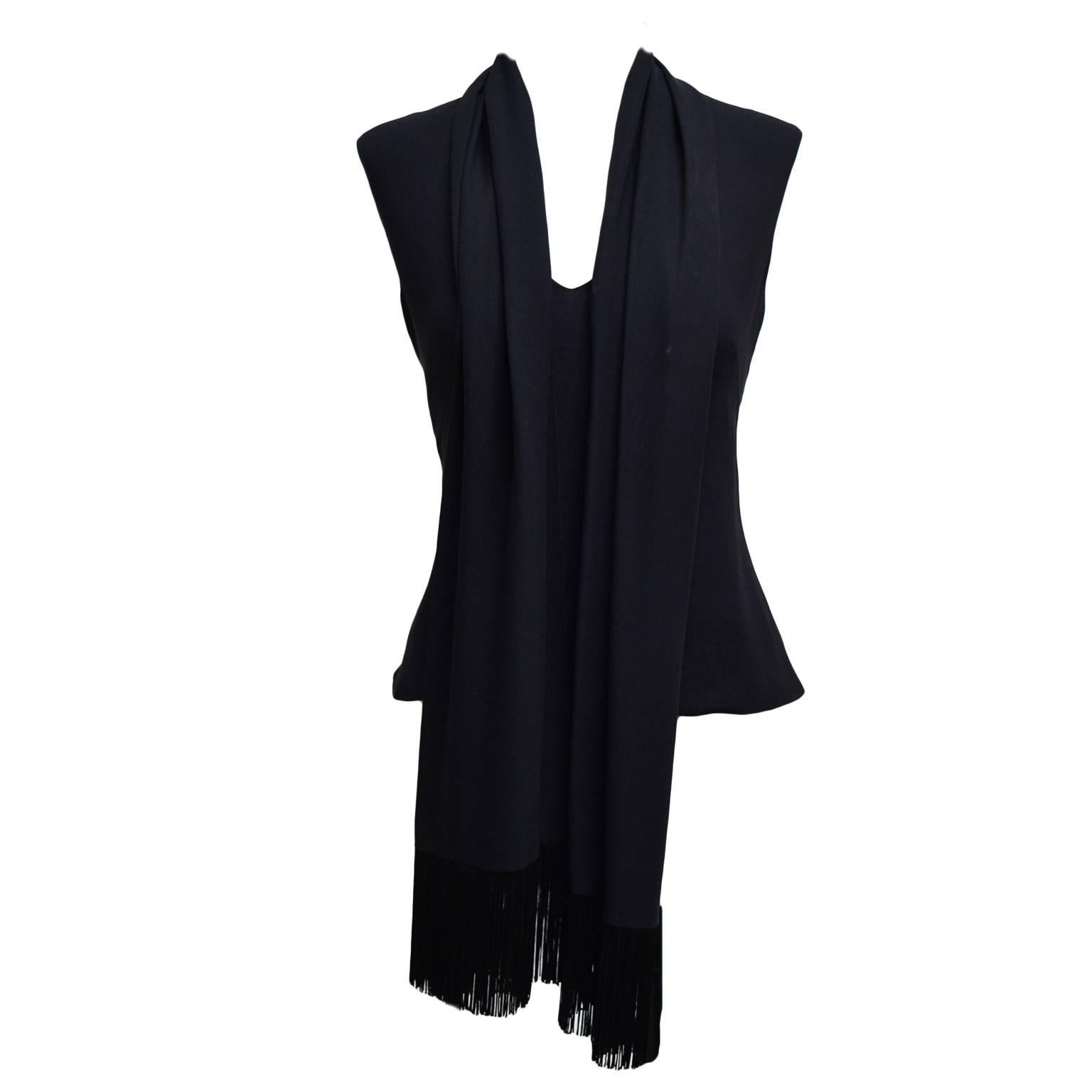 Carolina Herrera Black Crepe Sleeveless Blouse with Self Fringed Attached Scarf For Sale