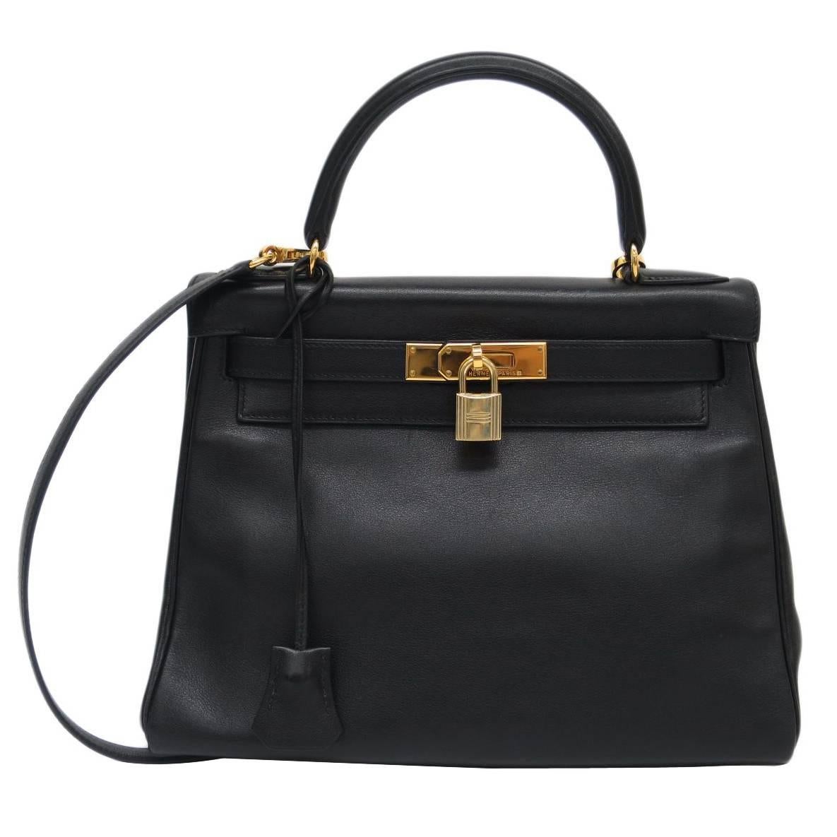 Hermes Black Kelly 28 Top Handle Satchel Shoulder Bag with Accessories in Box