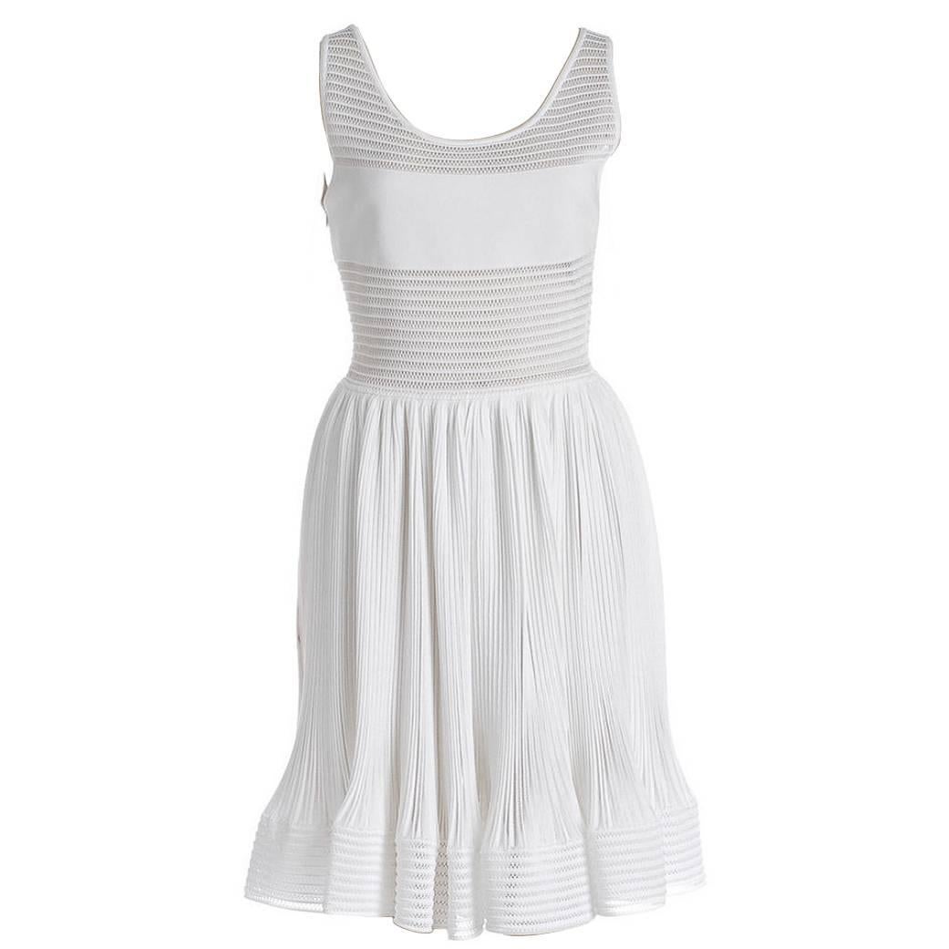 Alaia White Sleeveless Flare Skirt Open Weave Knit Dress (Size 38) NEW  For Sale