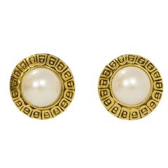 Chanel Textured Gold & Pearl Disc Clip On Earrings