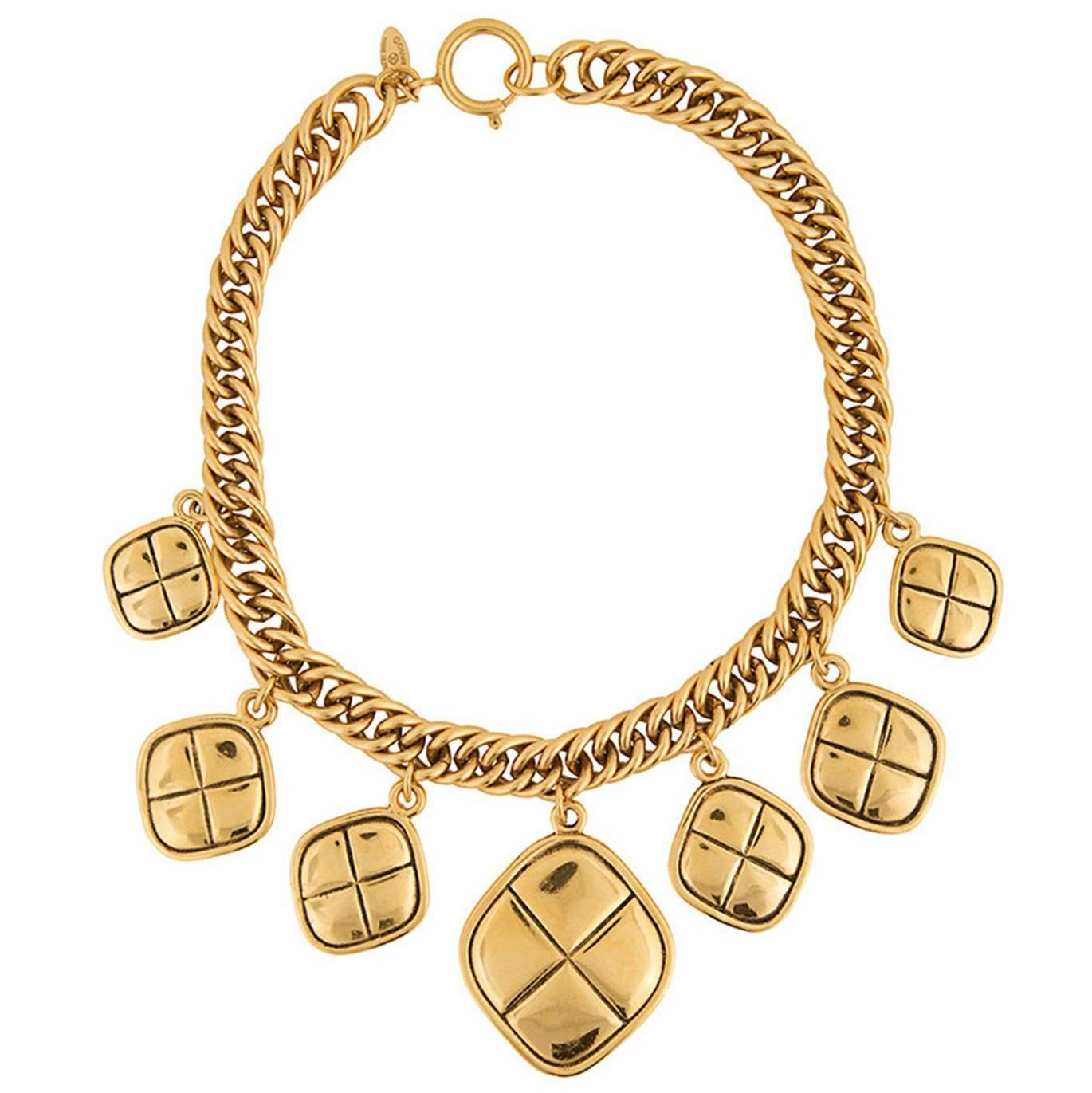 Chanel Gold Quilted Charm Choker Necklace
