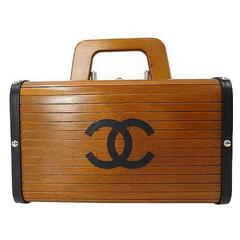 MINT! 90s Vintage CHANEL genuine wood handbag, mini trunk case with black cc mar