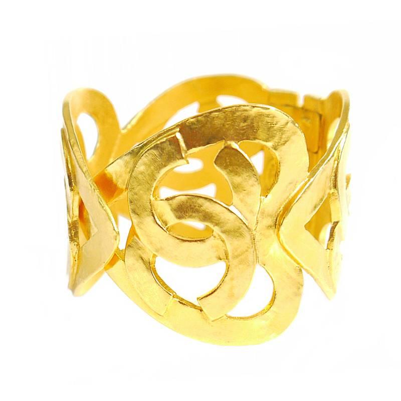 Vintage Chanel Heart Motif Gold Cuff Bracelet, Bangle  For Sale