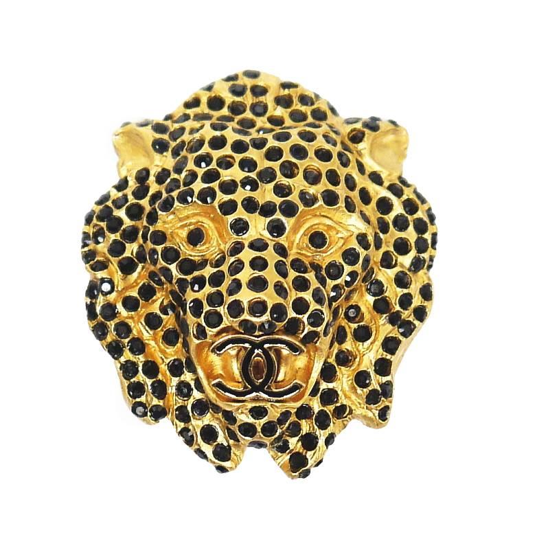 Vintage Chanel Lion Head Rhinestones CC Logo Brooch Pin