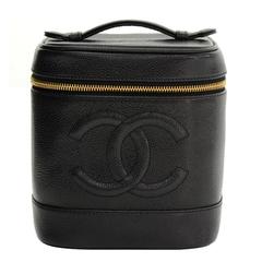 Retro Chanel Vanity Black Caviar Leather Cosmetic Hand Bag