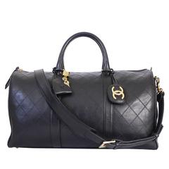 Retro Chanel Black Lambskin Flat Quilt Boston Duffle Bag