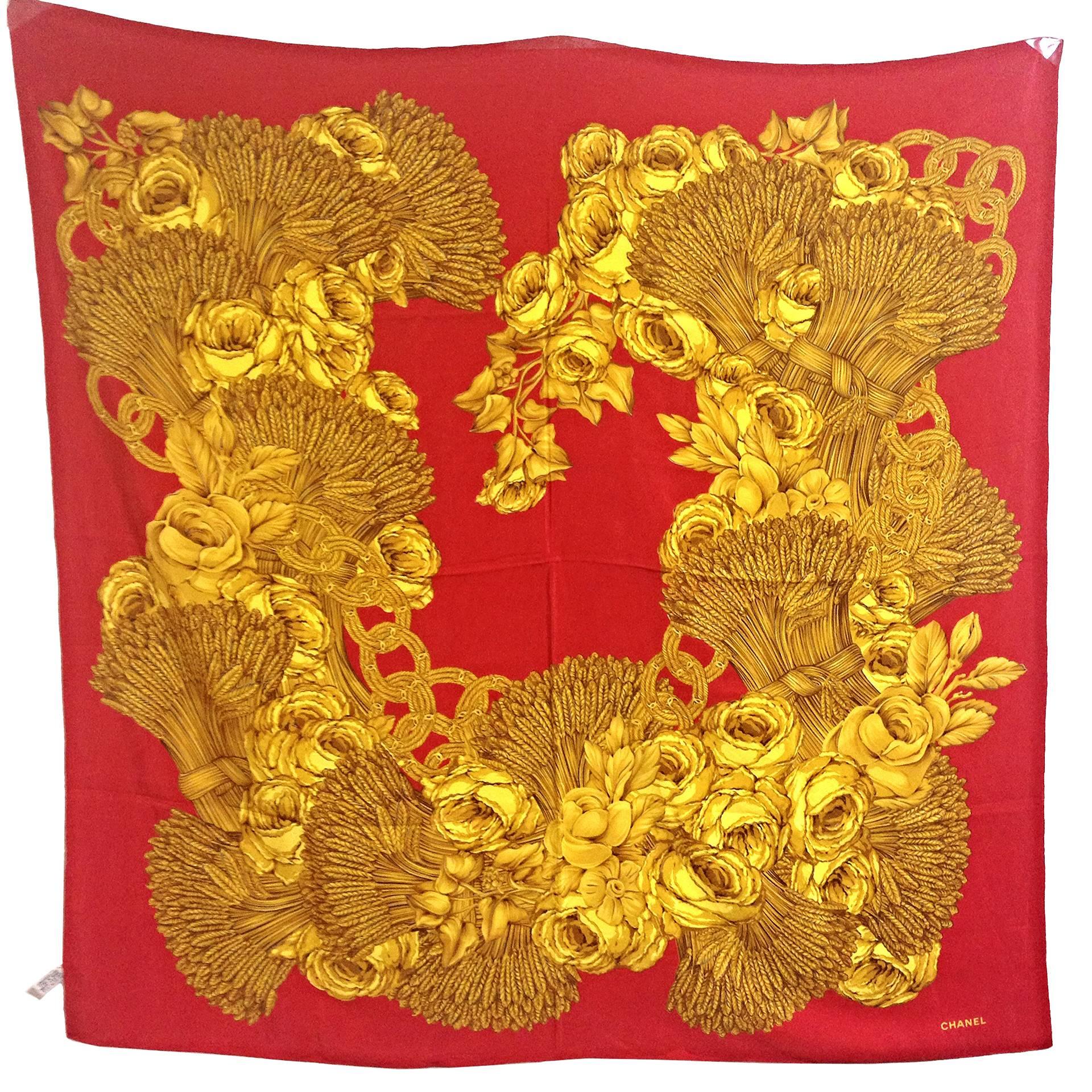 Vintage CHANEL red and gold CC marks, rose, wheat, and chain pattern silk scarf