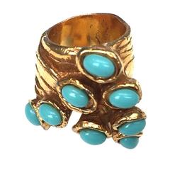 Yves Saint Laurent by Stefano Pilati gold ring w. turquoise stone, Sz 7