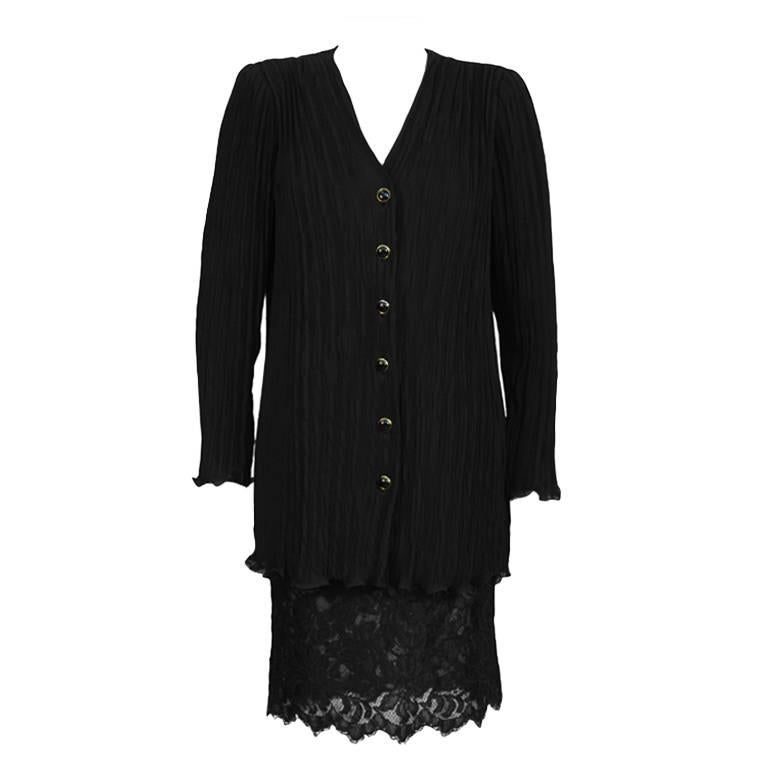 1980's Ungaro Black Fortuny Pleated Jacket With Lace Skirt For Sale