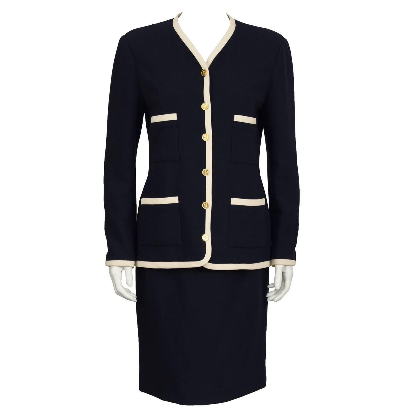 1980's Chanel Navy & Cream Skirt Suit 