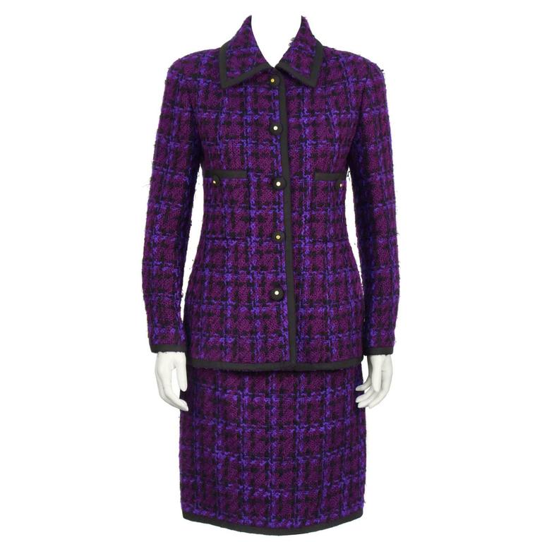Chanel Purple Wool Skirt Suit with Faux Fur Trim - 38 - circa 1999 For
