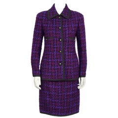 1980's Chanel Purple Plaid Boucle Skirt Suit 