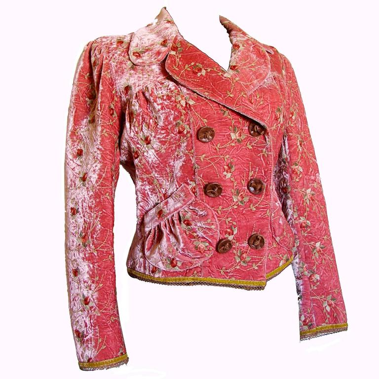John Galliano Romantic Pink Velvet Jacket with Floral Embroidery Gold Trim  38 at 1stDibs | jacket romantic, pink jacket velvet, embroidered velvet  jacket