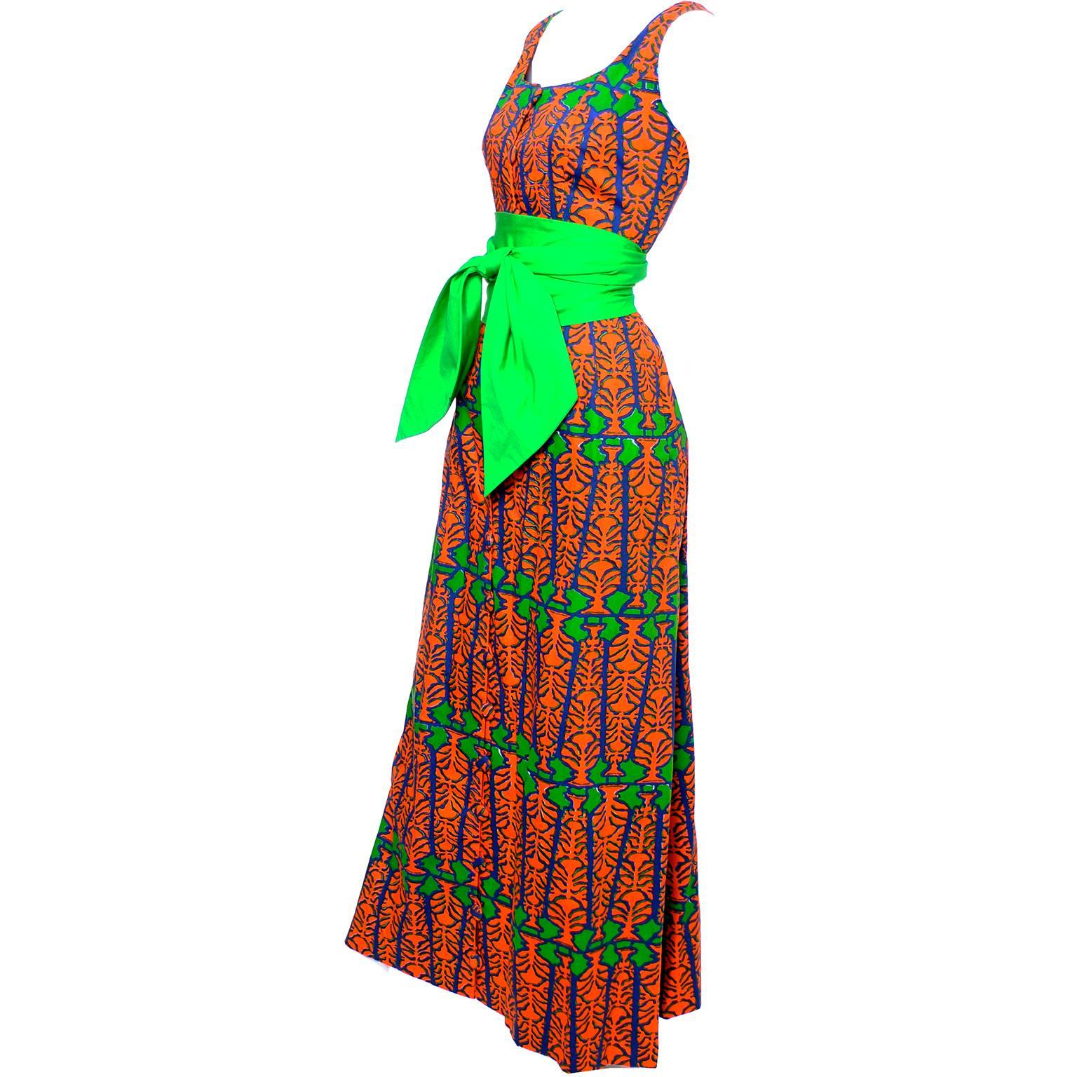 Design Thai Vintage Dress in Blue Green & Orange Cotton Tropical Print Size 6/8