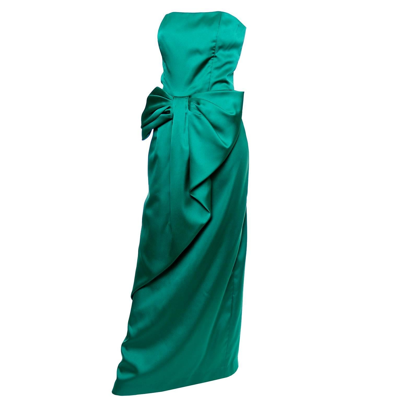 Victor Costa Vintage Dress Green Satin Strapless Evening Gown Dress w/ Bow