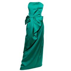 Victor Costa Vintage Dress Green Satin Strapless Evening Gown Dress w/ Bow