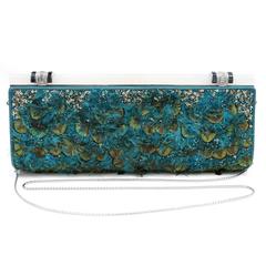 Judith Leiber Teal Peacock Feather Clutch with strap