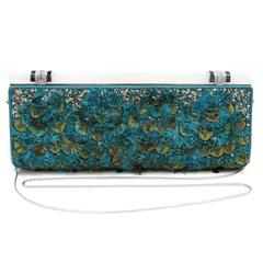 Judith Leiber Teal Peacock Feather Clutch with strap