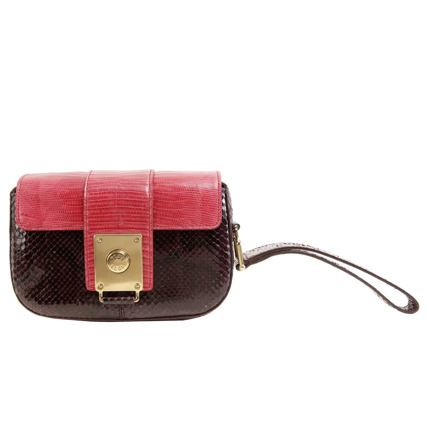 Tods Purple Python and Red Lizard Skin Wristlet For Sale