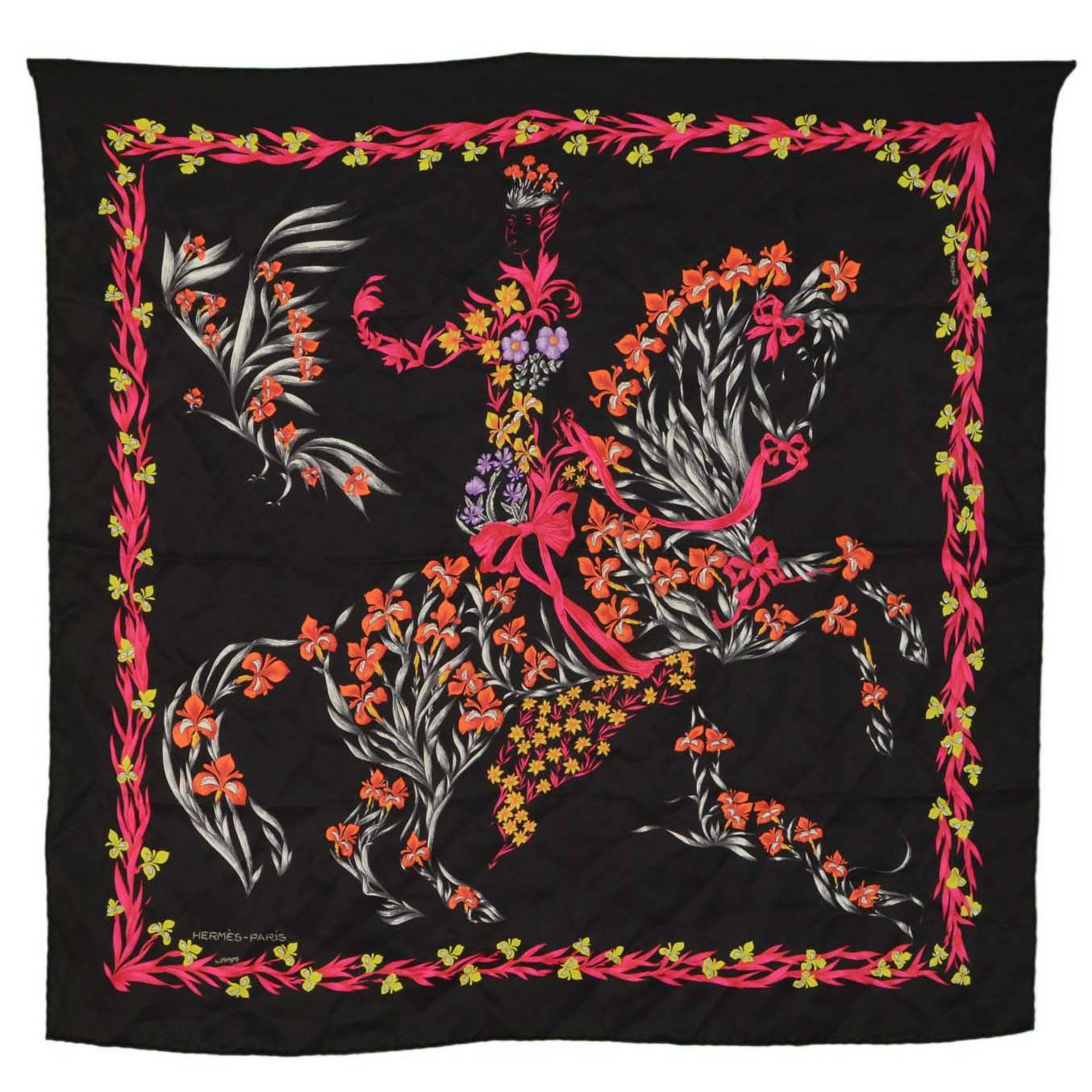 Hermes Black Floral Horse Print 70cm Silk Scarf