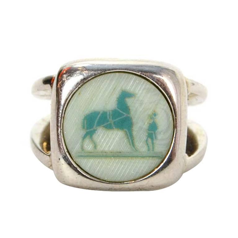 Hermes Silver 
Stone Plaque Ring sz 52/6