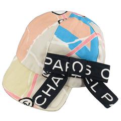 CHANEL Pastel Print Black Bow Cotton Half Brim Hat