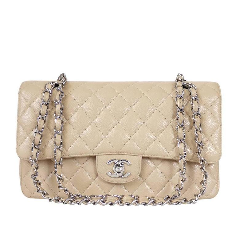 Chanel Beige Caviar 2.55 Double Flap Classic Silver Hardware at