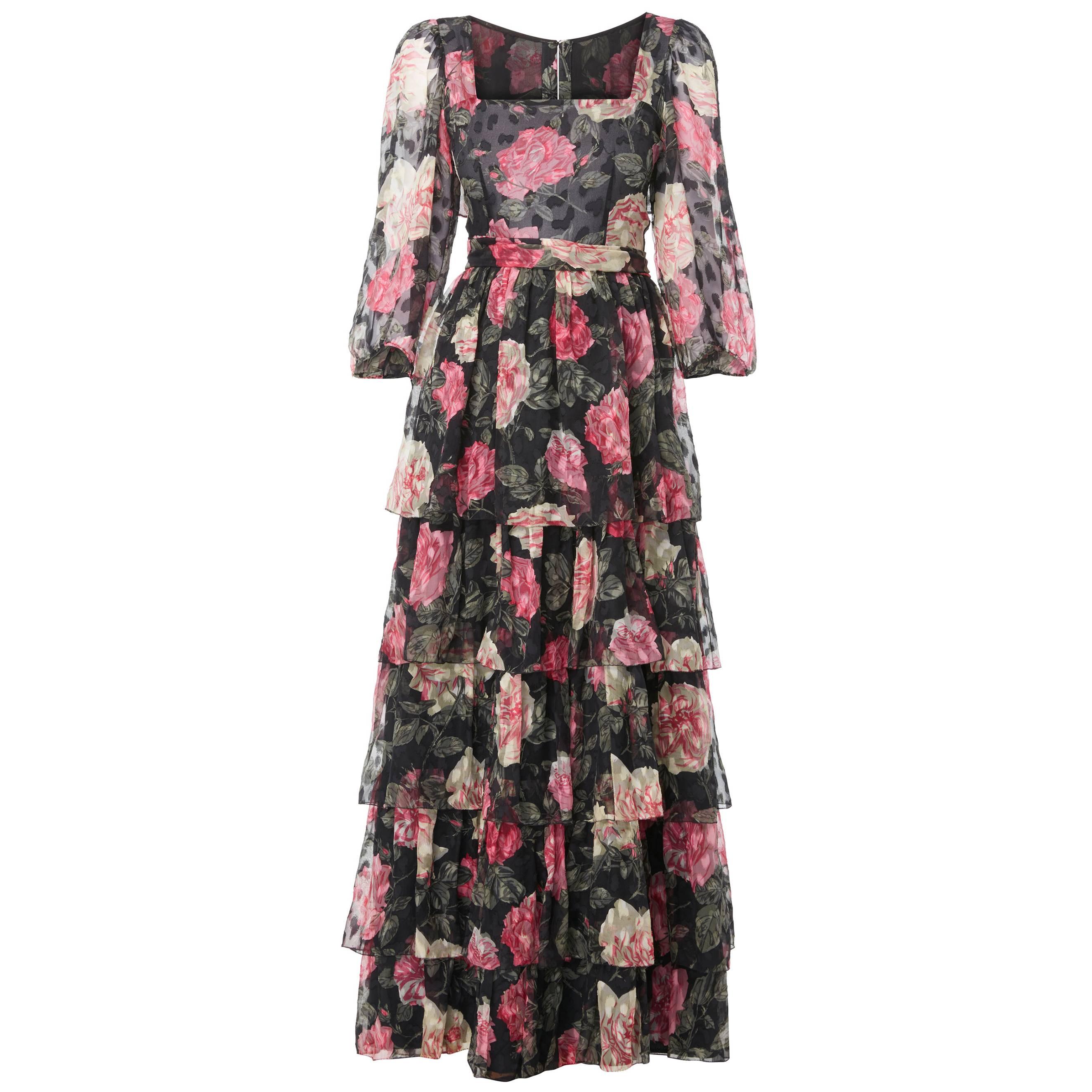 Thea Porter couture black & pink print dress, circa 1980 For Sale