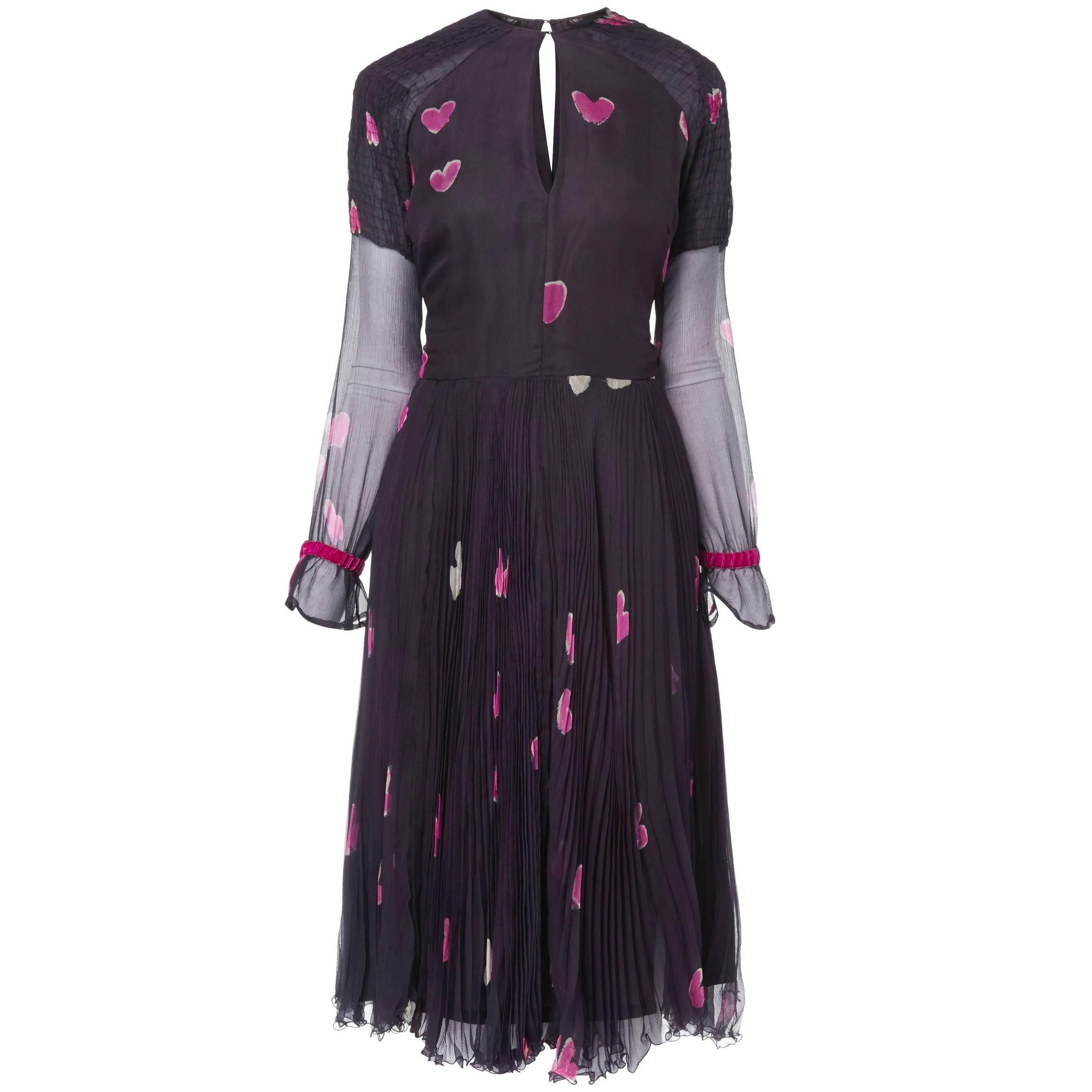 Thea Porter couture navy heart print dress, circa 1975 For Sale