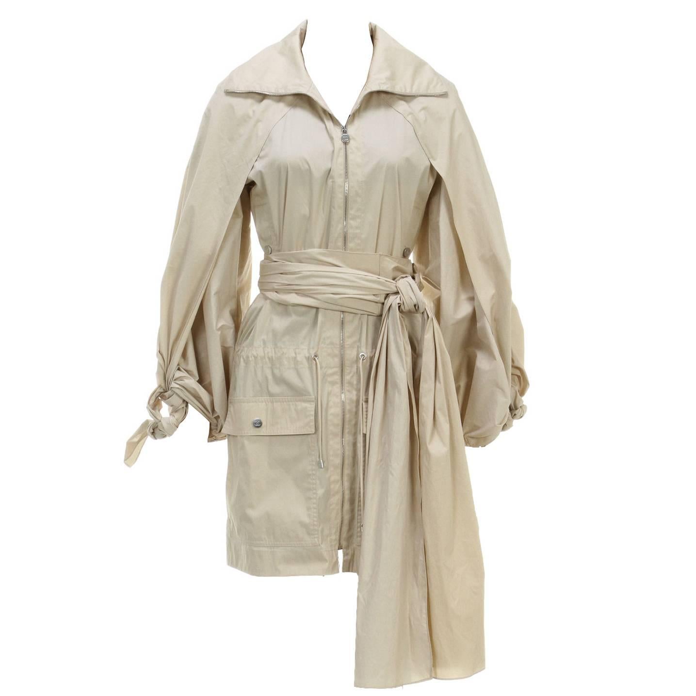 Chanel Beige Longline Waist Tie Zip Nylon Jacket (Size 36) For Sale