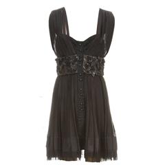 Louis Vuitton Black Sleeveless Floral Leather Waist Button Dress (Size 38)