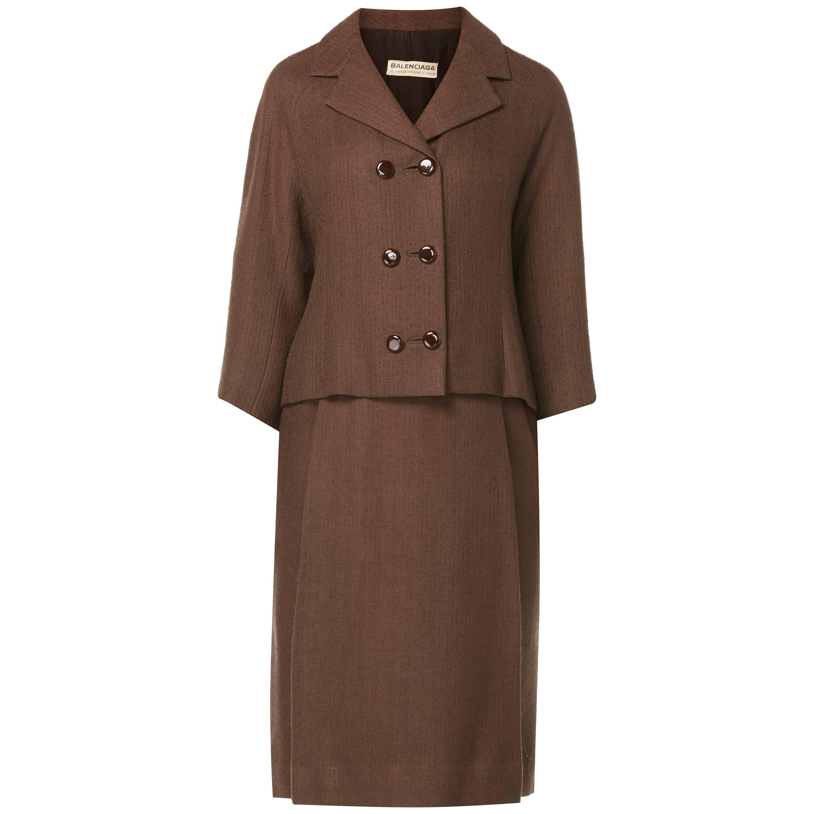 Balenciaga haute couture brown skirt suit, circa 1966