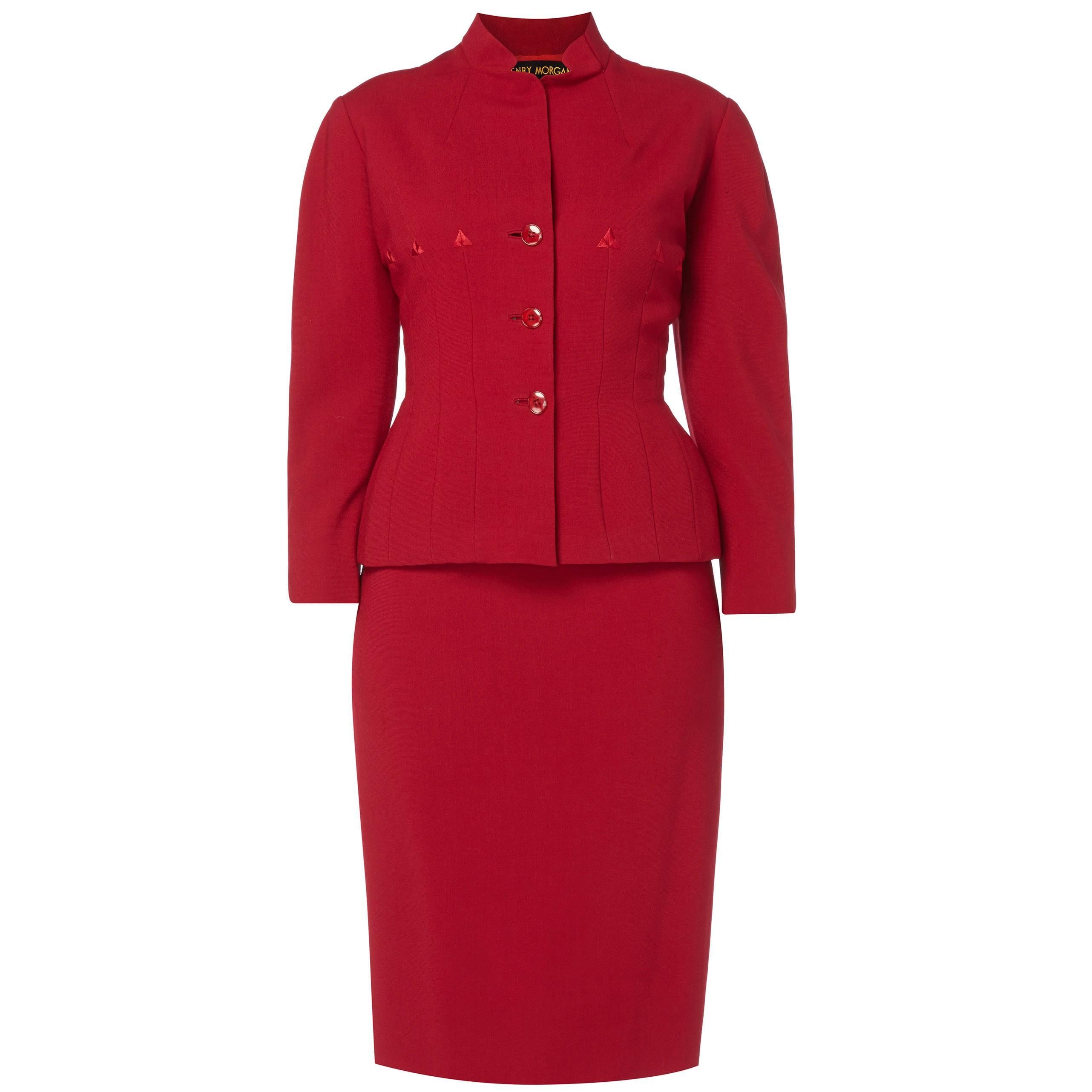 Jacques Fath red skirt suit, circa 1955 For Sale