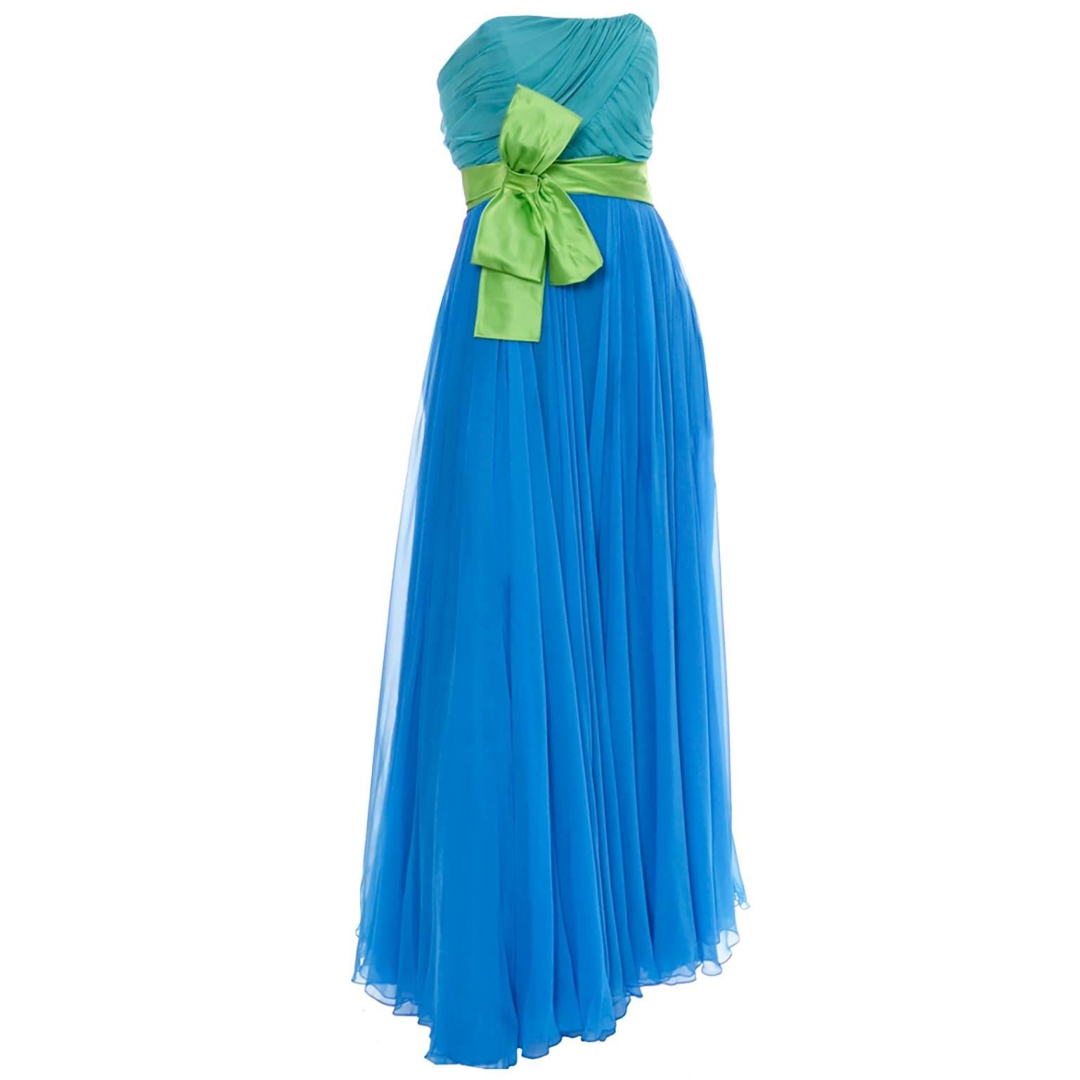 1960s Silk Chiffon Vintage Dress Blue Green Color Block Strapless Evening Gown