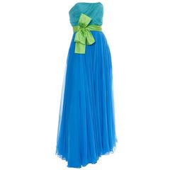 1960s Silk Chiffon Vintage Dress Blue Green Color Block Strapless Evening Gown 3
