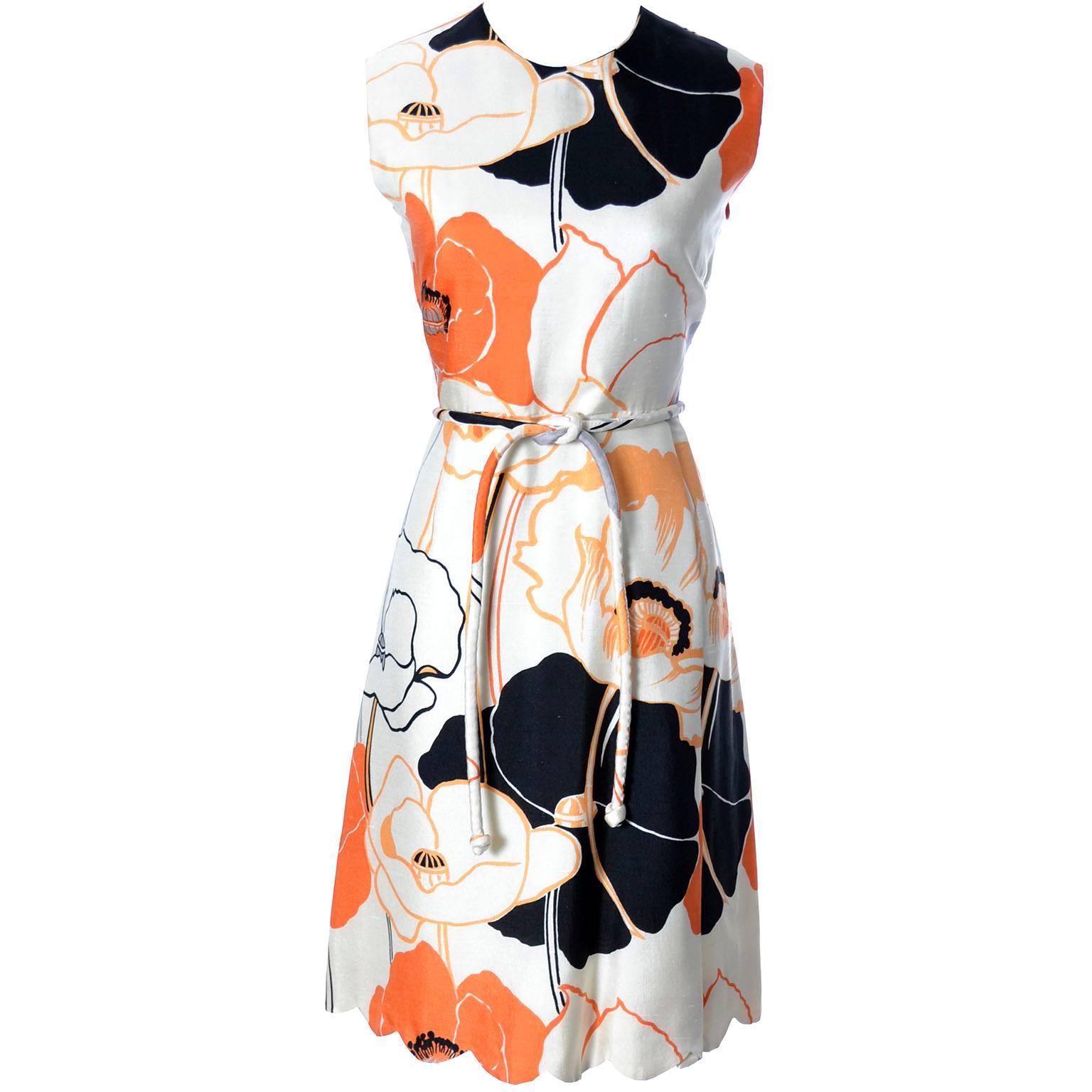 1960s Tina Leser Dress in Bright Mod White Orange and Black Floral