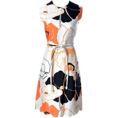 1960s Tina Leser Dress in Bright Mod White Orange & Black Floral Silk