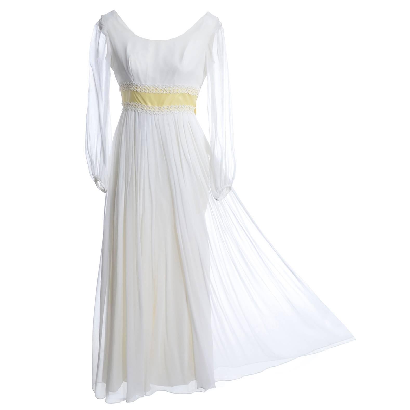1960s Vintage White Silk Chiffon Dress W Palazzo Pants & Yellow Ribbon & Bow
