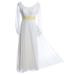 60s Vintage White Silk Chiffon Dress Satin With Palazzo Pants With Yellow Ribbon 2