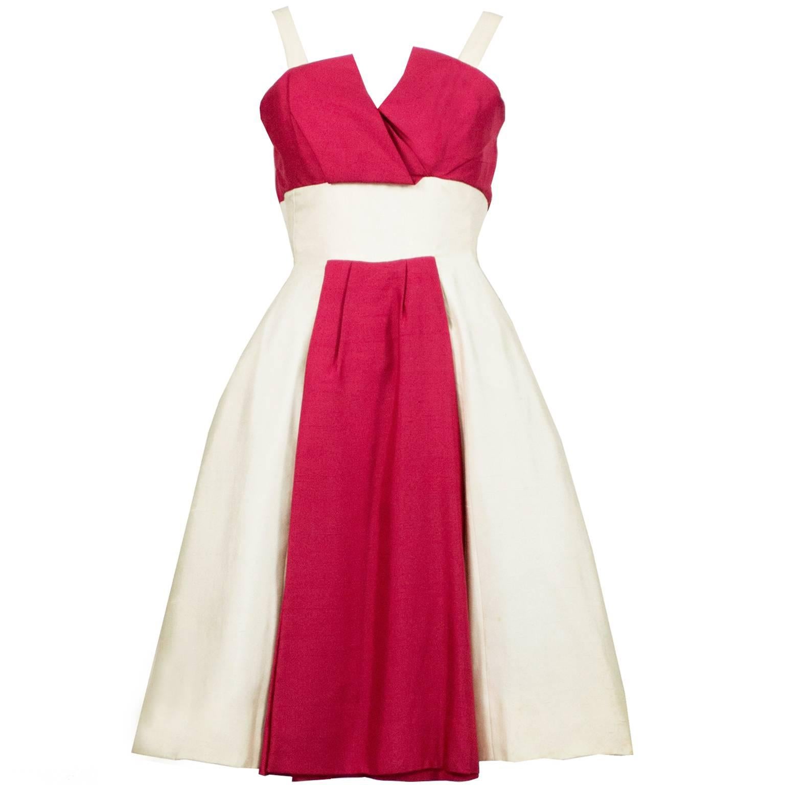 1950s Vintage Jacques Heim Silk Dress Red and Ivory Cocktail Party Soiree